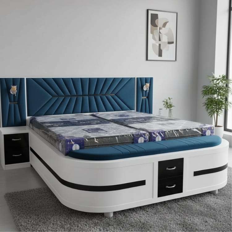 Premium Luxury Blue King Size Bed with Designer Headboard and Storage